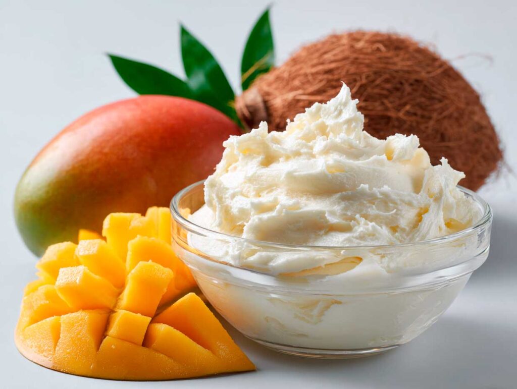 Bowl of cream with mango and coconut.