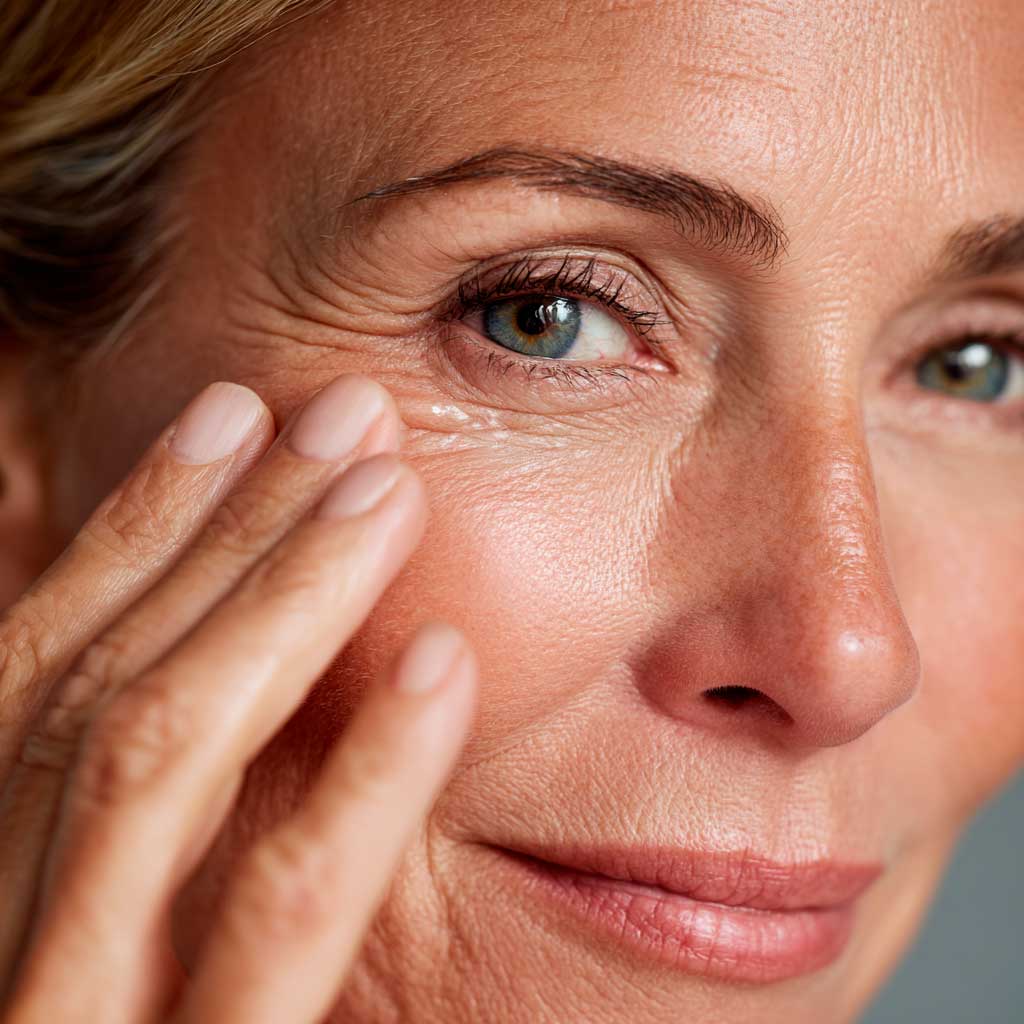 Middle aged female applying eye serum under eye with finger tips