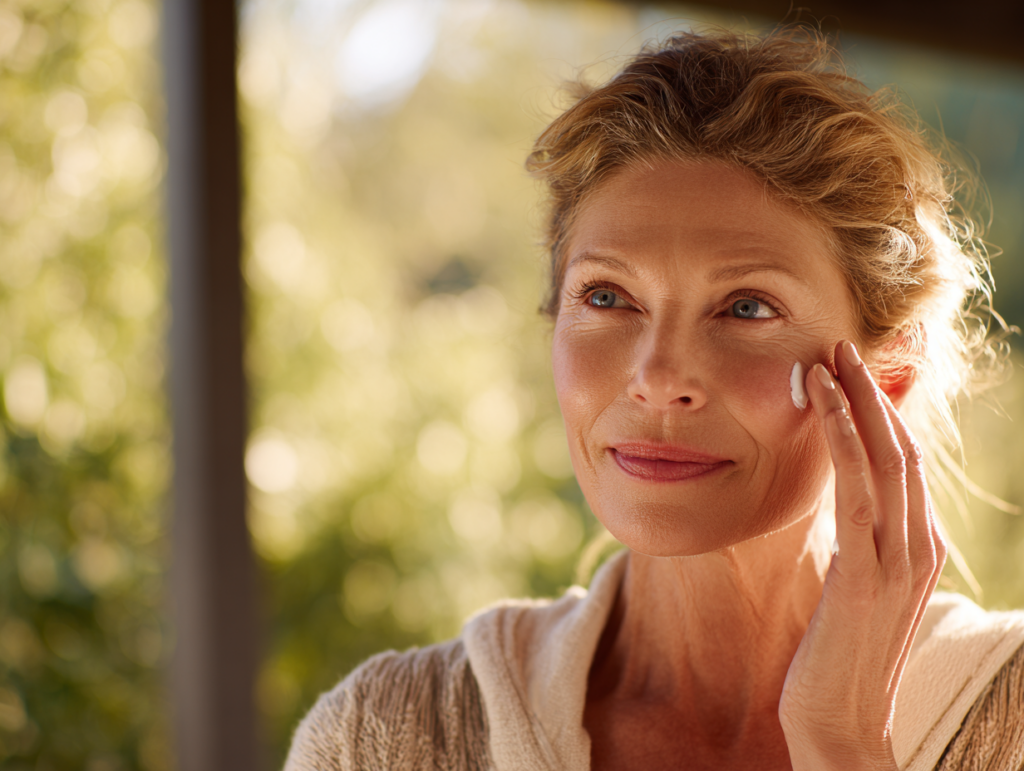 Woman applying facial cream outdoors