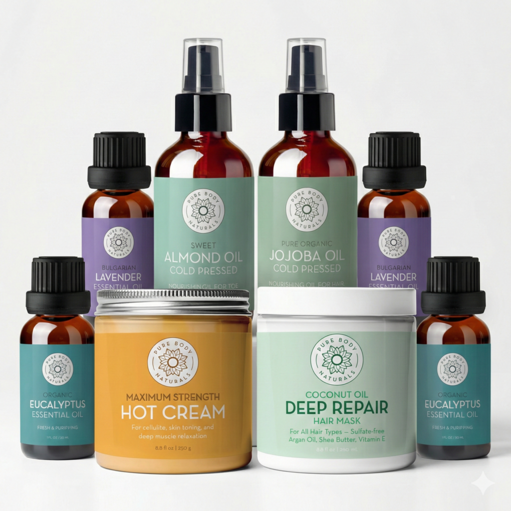 Assorted organic oils and creams for skincare.