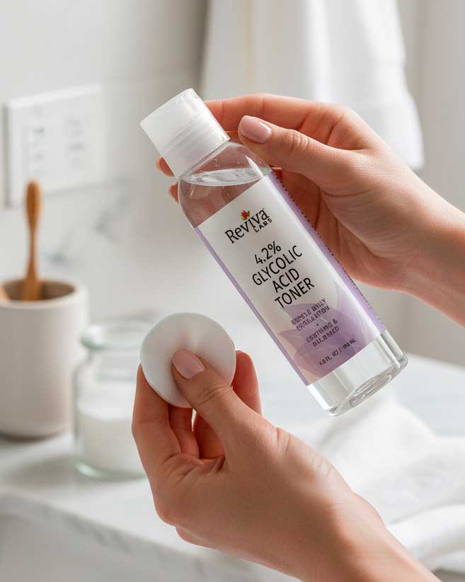 Hands holding glycolic acid toner and cotton pad.