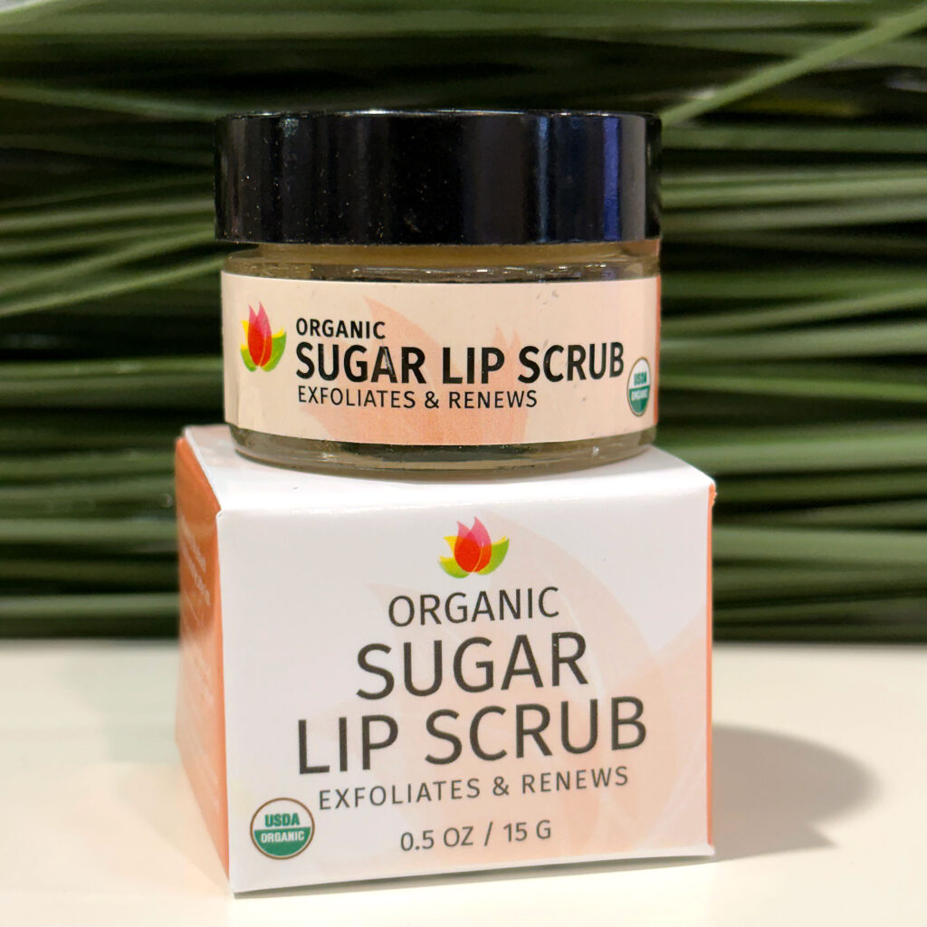 Organic sugar lip scrub jar and box.