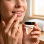 Woman applying organic sugar lip scrub