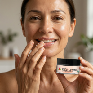 Woman applying organic sugar lip scrub