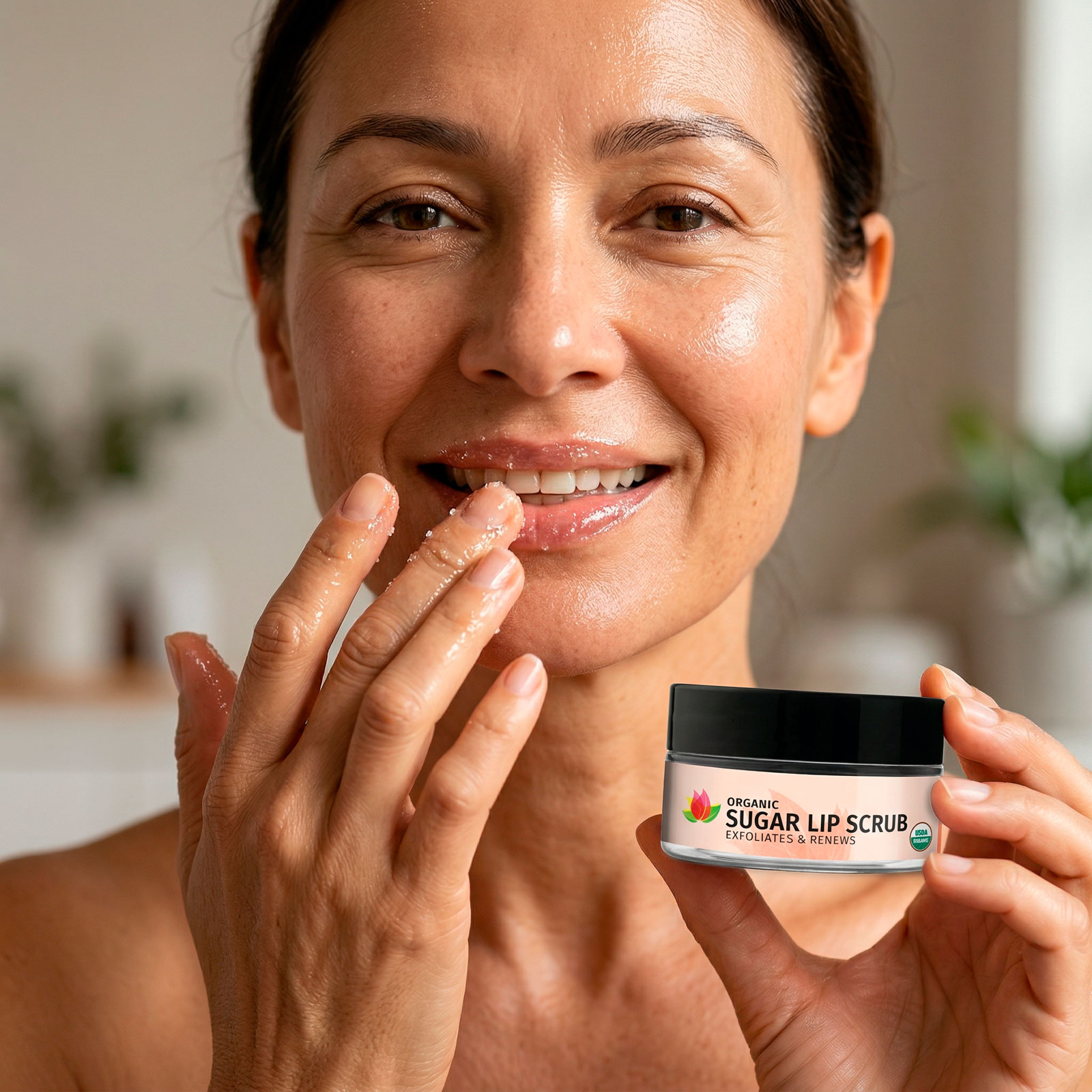 Woman applying organic sugar lip scrub skincare.