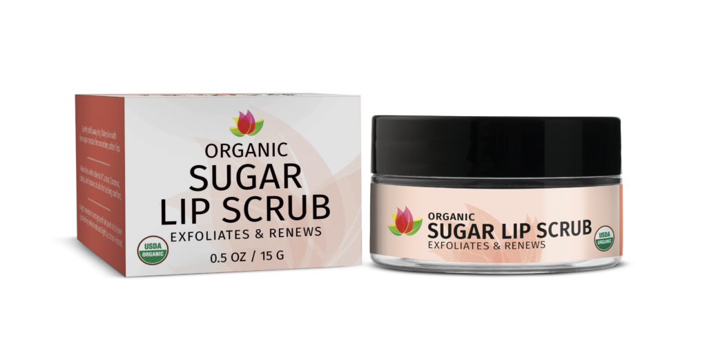 Organic sugar lip scrub, exfoliates and renews.
