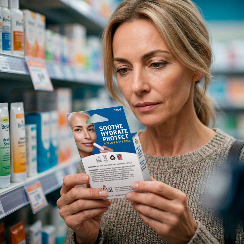 Woman examining vitamin e-stick lip balm three pack product in store aisle.