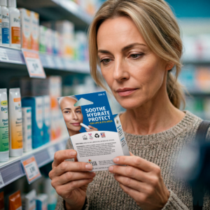 Woman examining vitamin e-stick lip balm three pack product in store aisle.