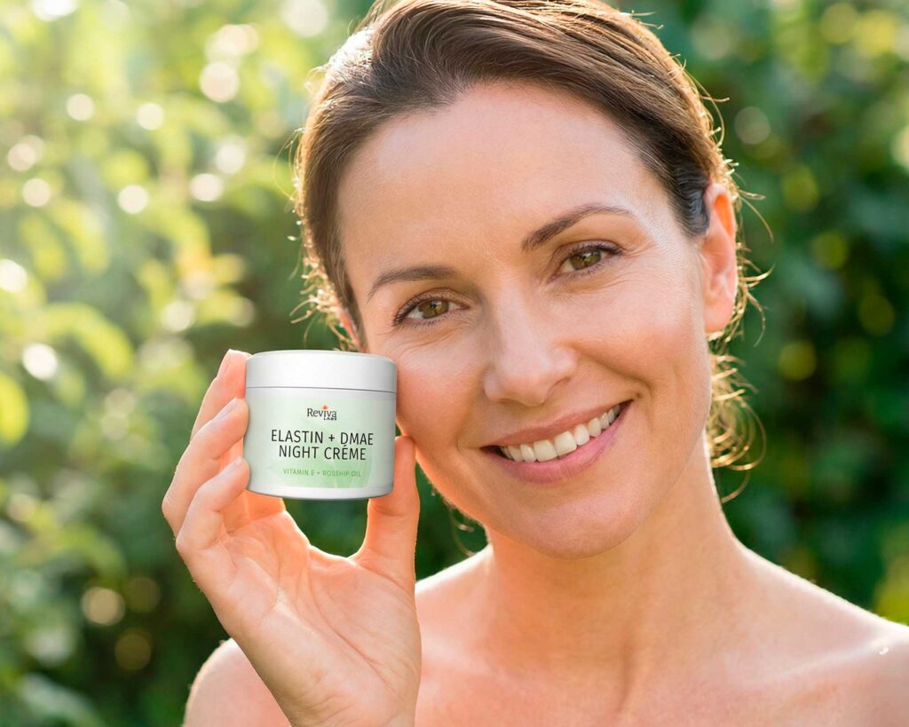 Woman holding night cream outdoors