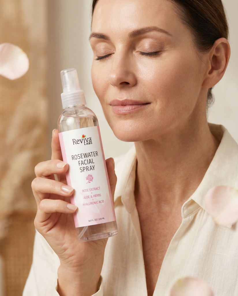 Woman holding rosewater facial spray