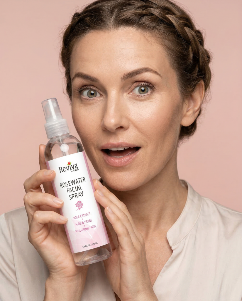 Woman holding rosewater facial spray bottle