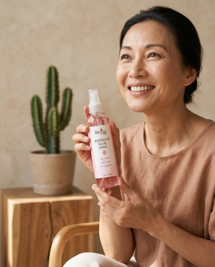 Woman holding rosewater facial spray