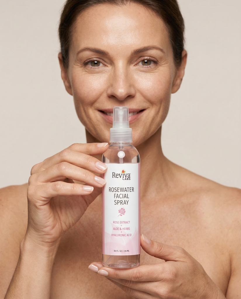 Woman holding rosewater facial spray bottle