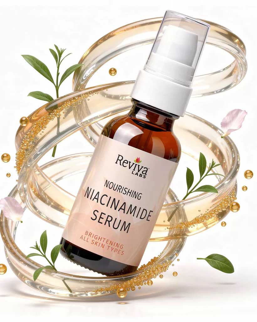Niacinamide serum bottle with botanical elements