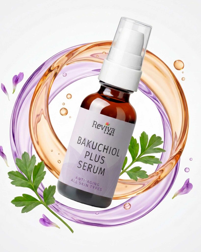 Bakuchiol Plus Serum bottle with floral design