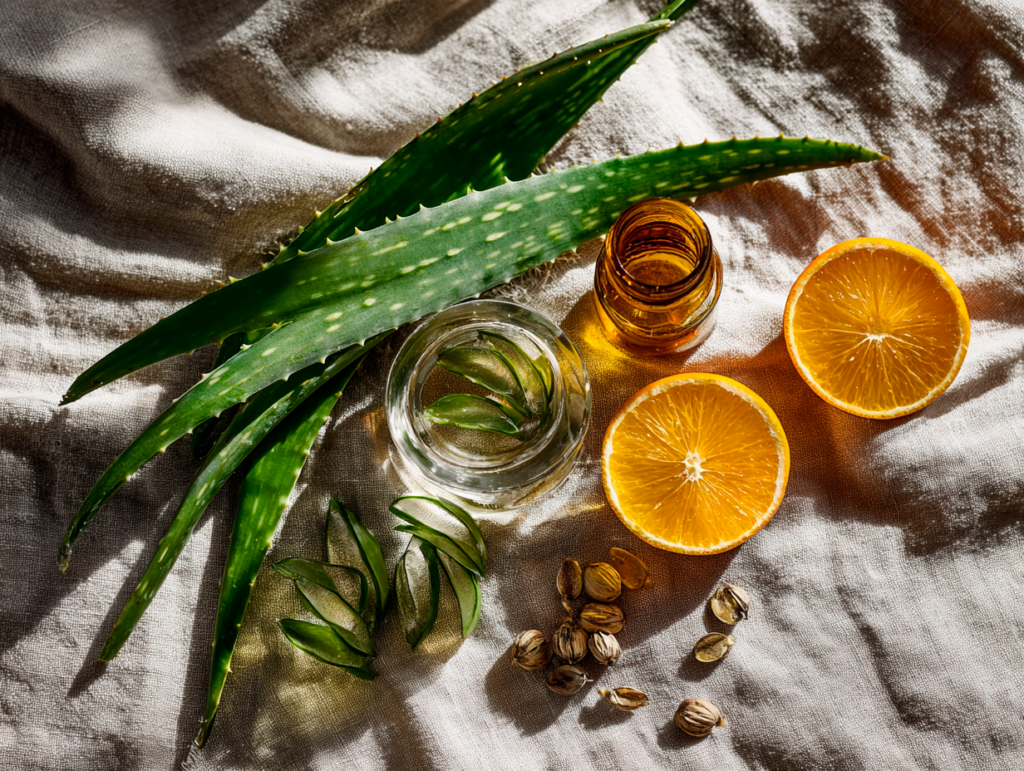 Aloe vera, orange slices, and seeds on fabric