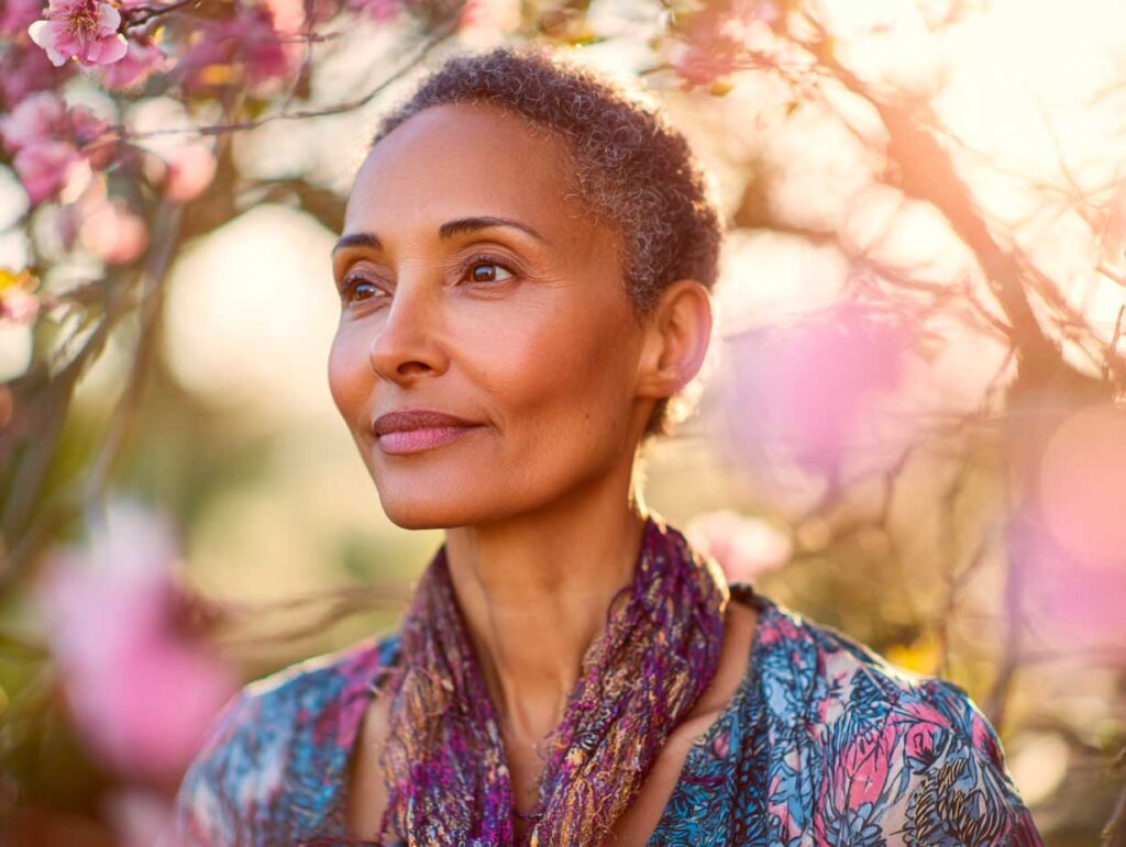 Woman in floral setting with sunlight