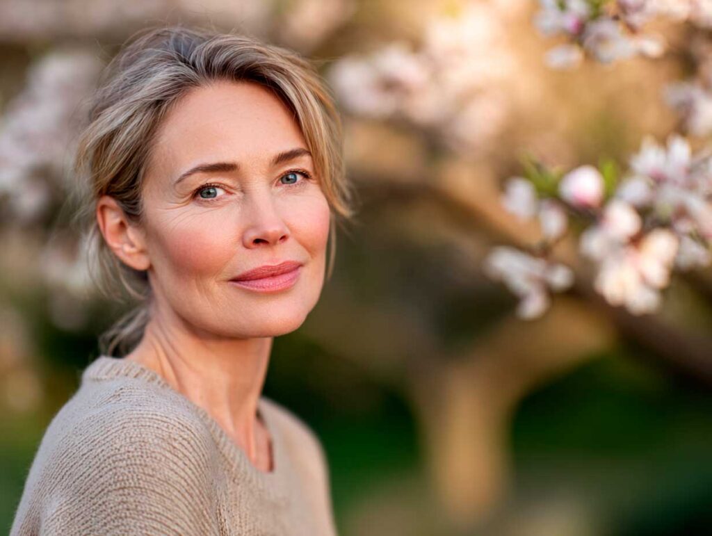 Woman smiling near blooming tree
