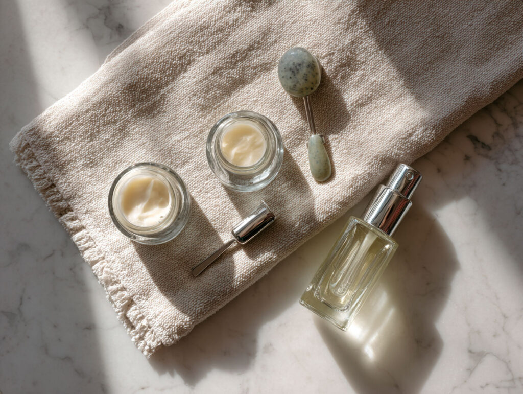 Skincare products on a towel