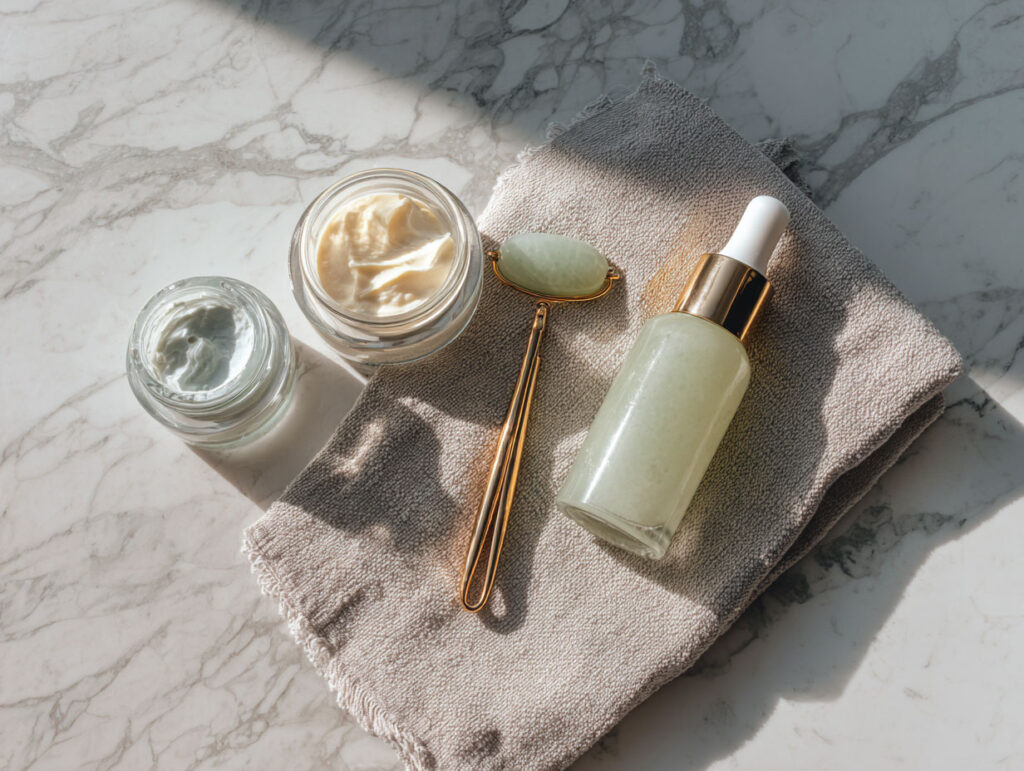 Skincare products on marble surface