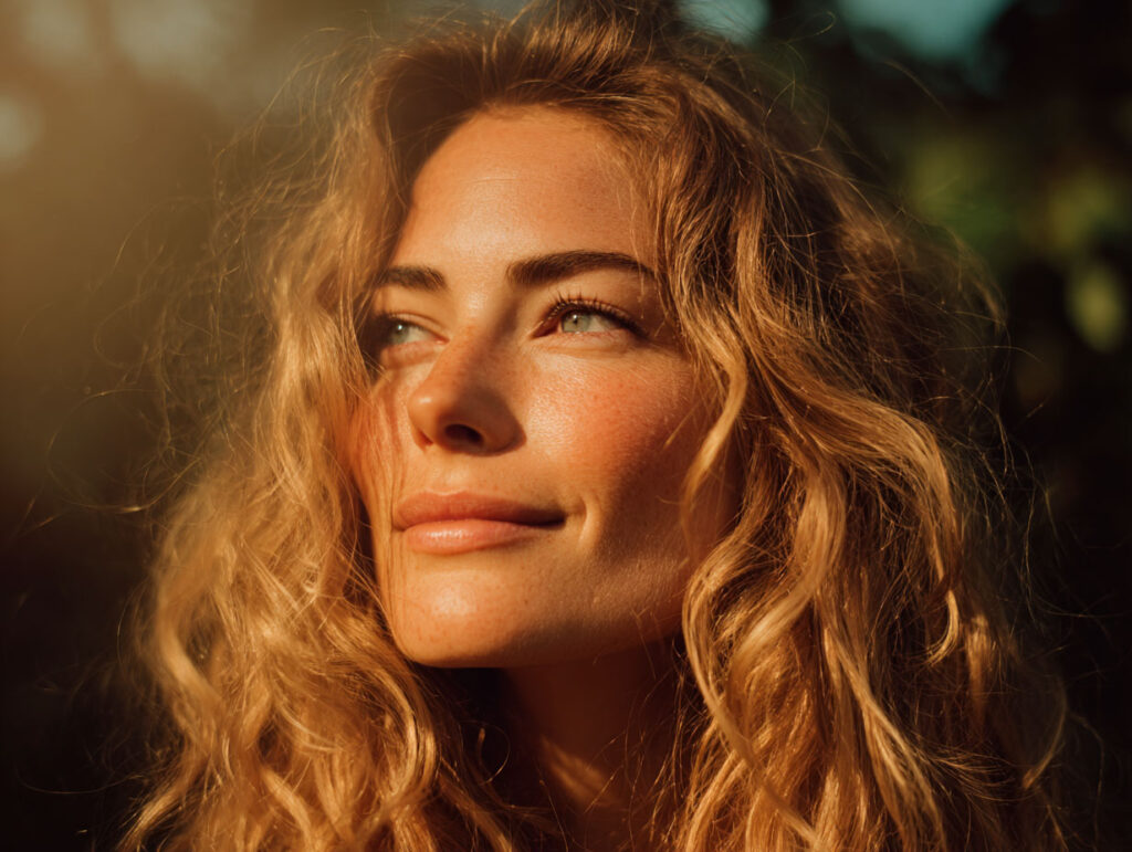 Smiling woman in sunlight with curly hair