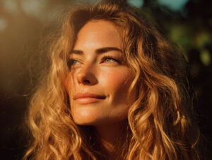 Smiling woman in sunlight with curly hair