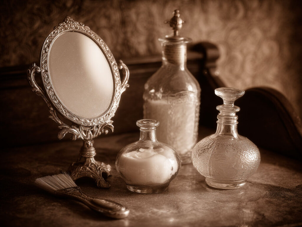 Vintage mirror with glass bottles