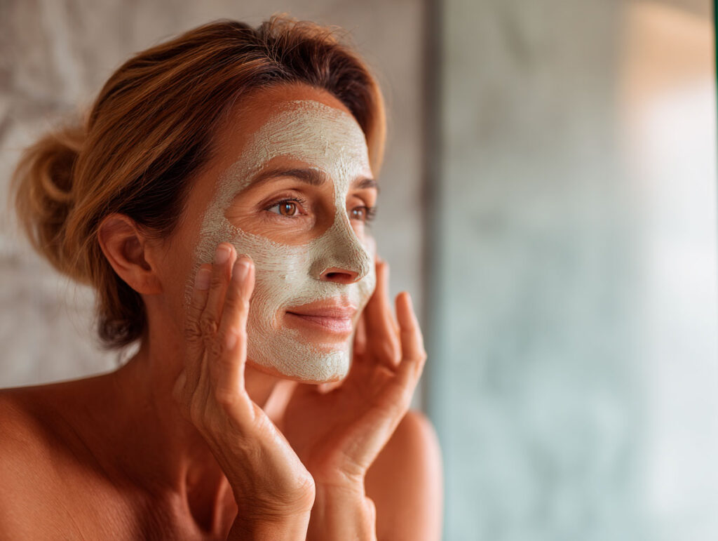 Woman applying facial mask at home