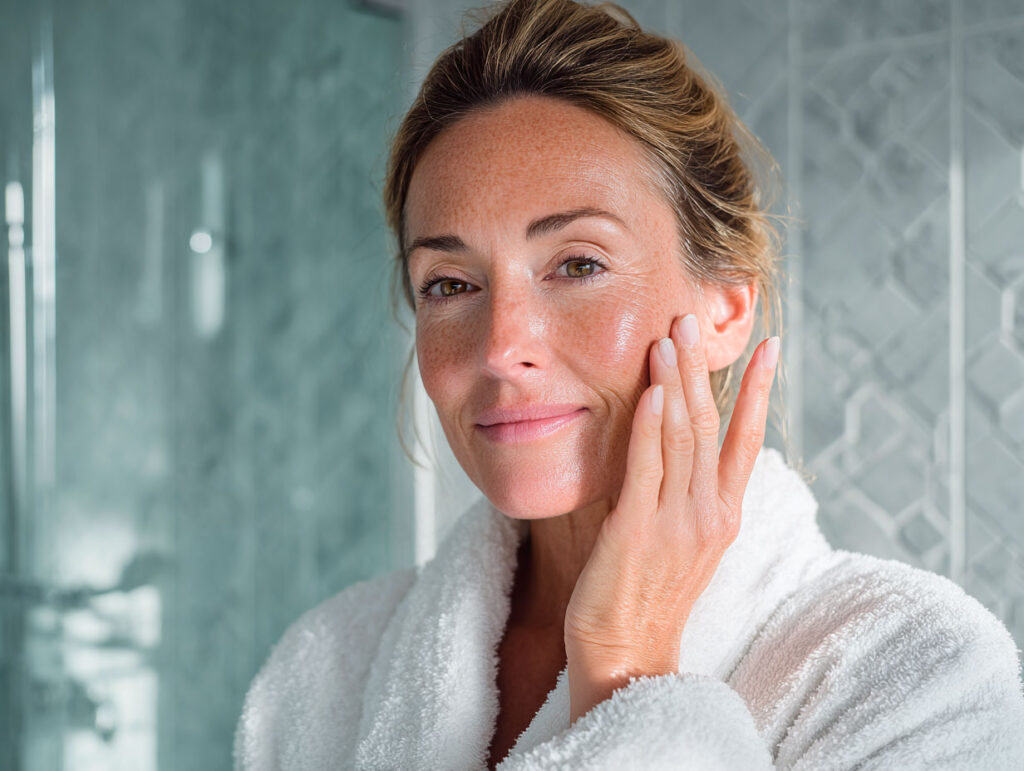 Woman applying skincare in bathroom