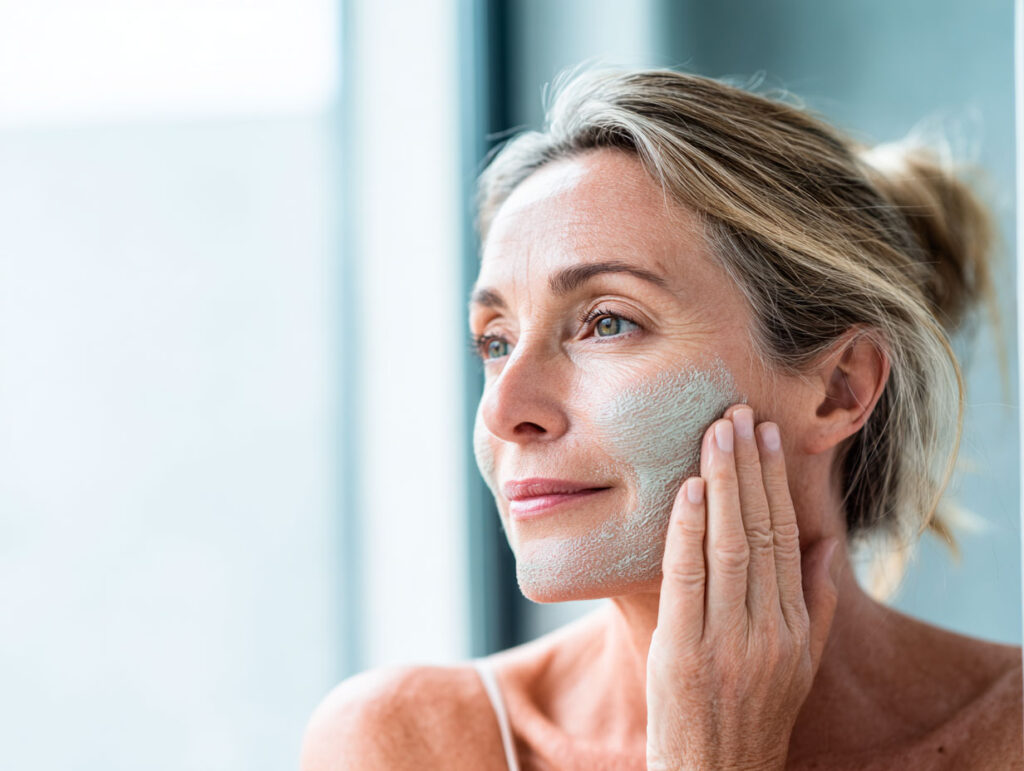 Woman applying facial mask