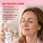 Woman using facial spray with instructions