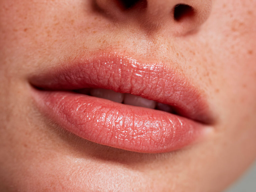 Close-up of glossy pink lips