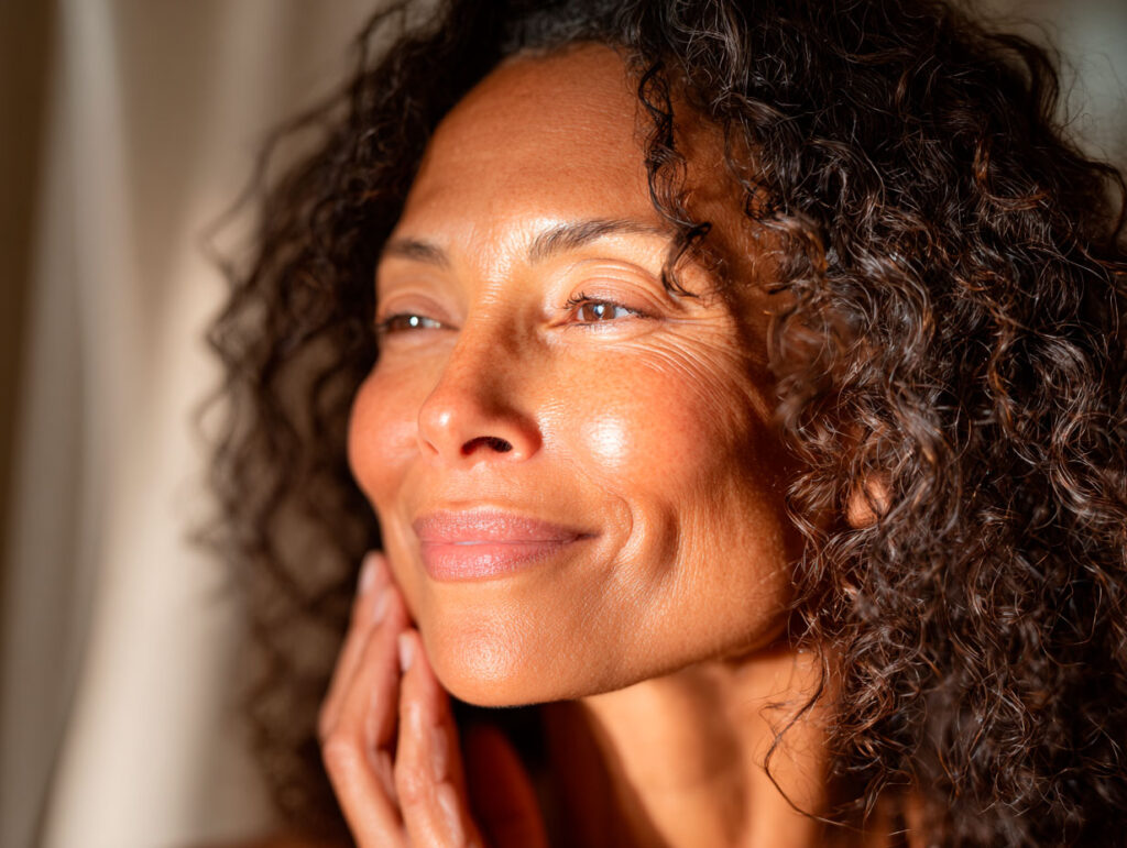 Smiling woman with curly hair in sunlight