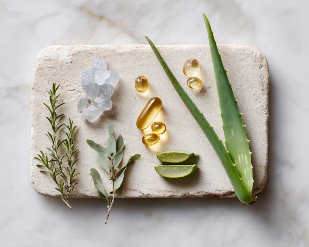 Herbal ingredients on a stone slab
