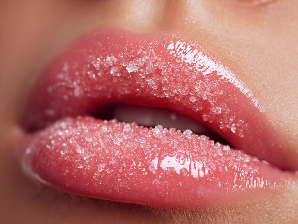 Close-up of pink lips with sugar crystals