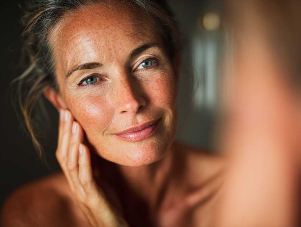 Woman touching her face and smiling softly.