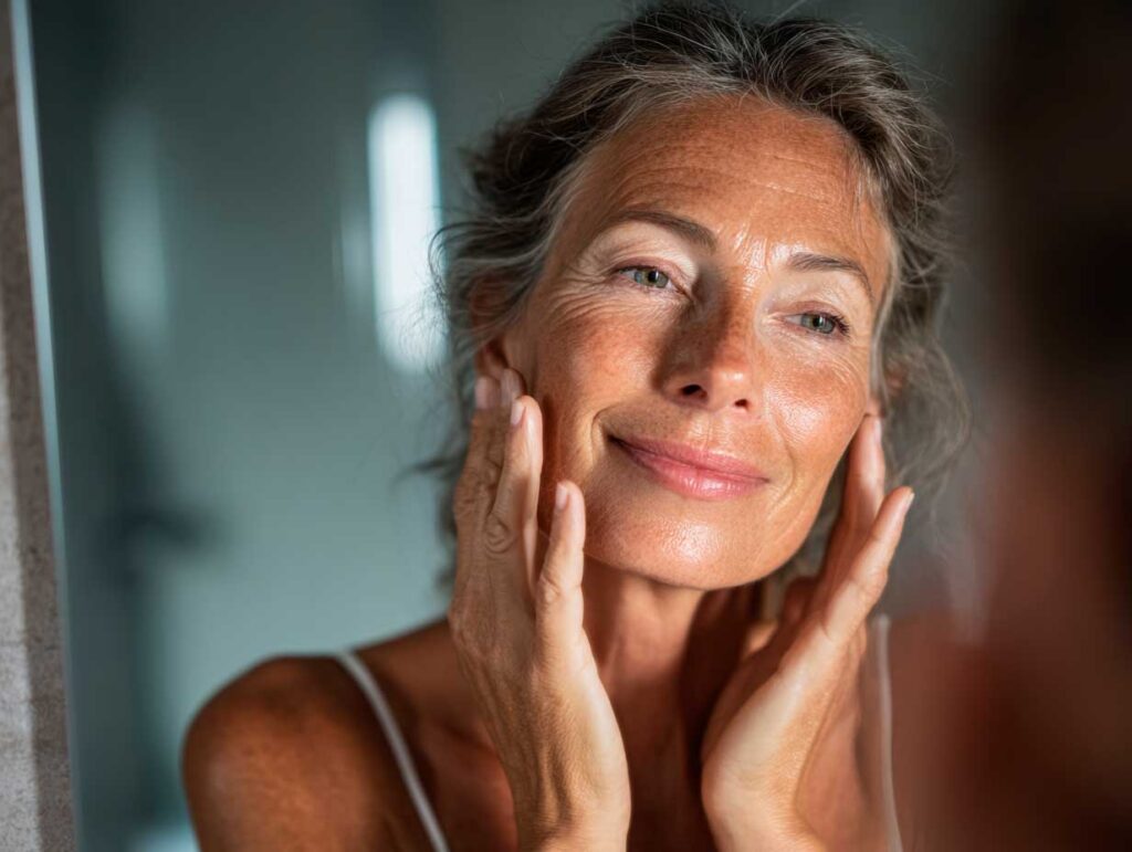 Woman smiling and touching her face.