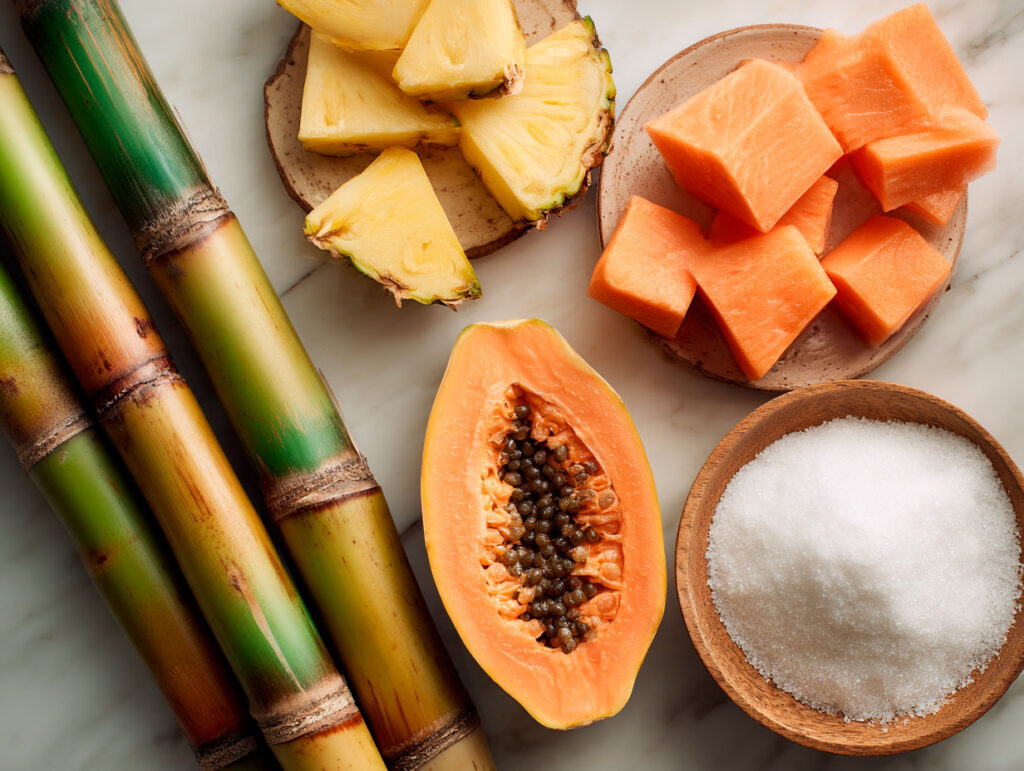 Tropical fruits and sugar display