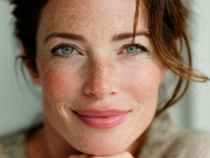 Smiling woman with freckles and blue eyes