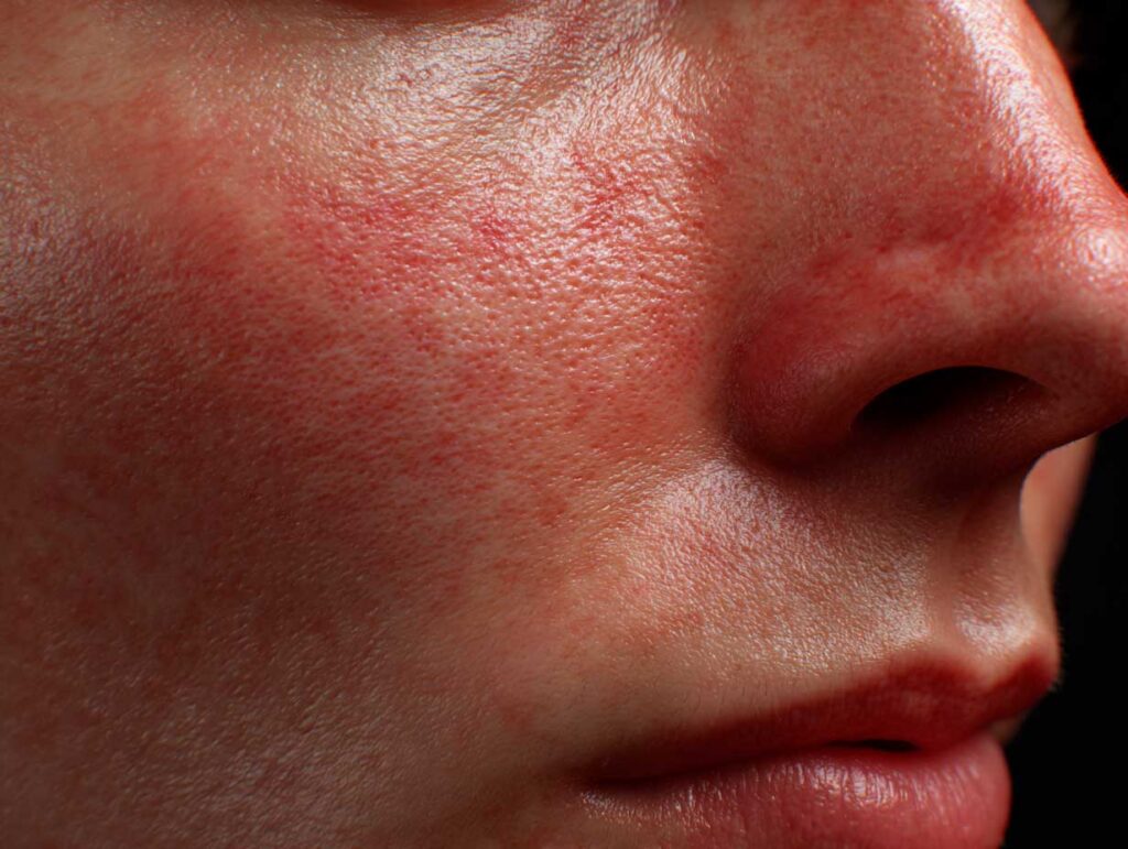 Close-up of skin with redness and pores