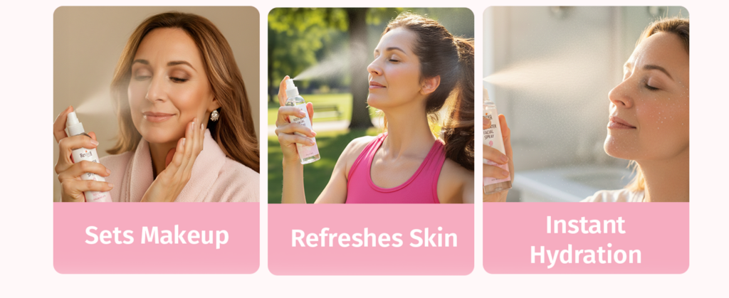 Three women using facial spray.