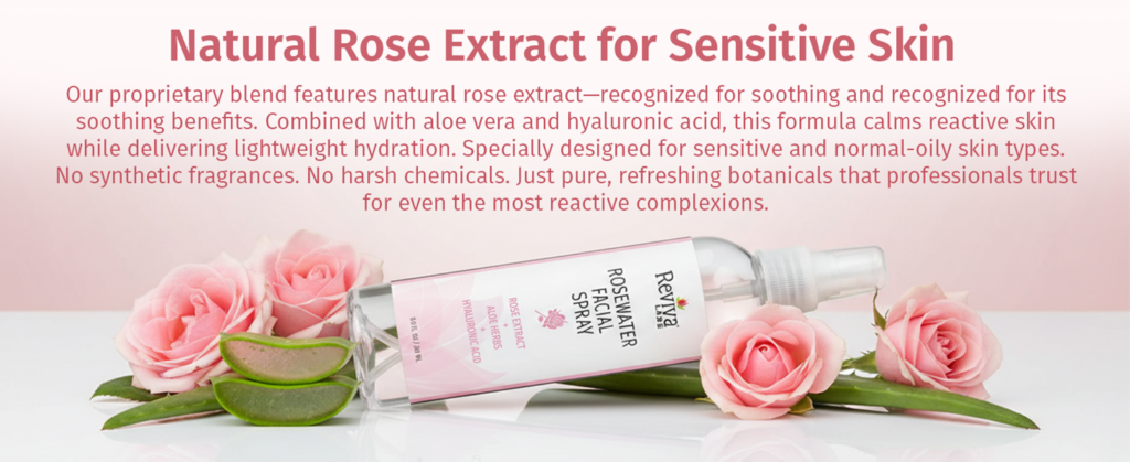 Natural rose extract facial spray advertisement.