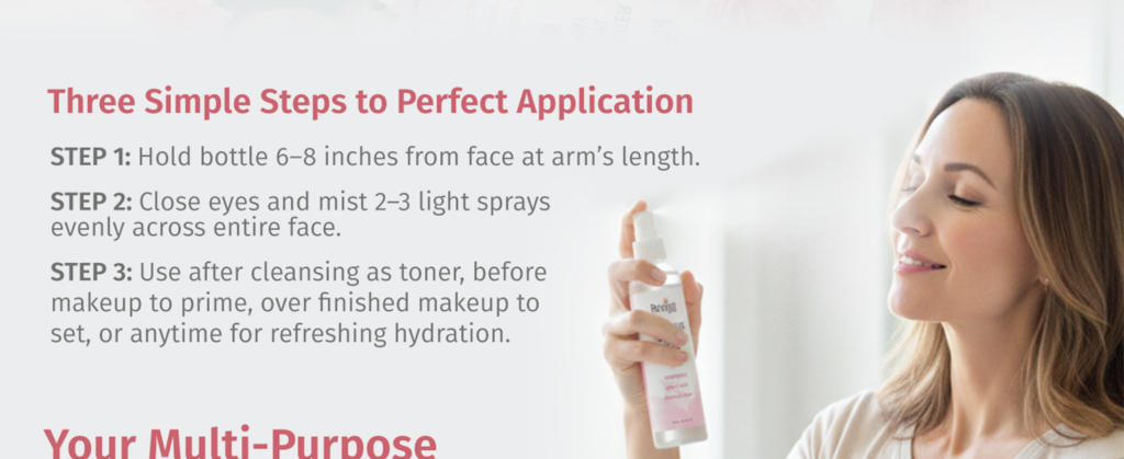 Woman applying face mist with eyes closed