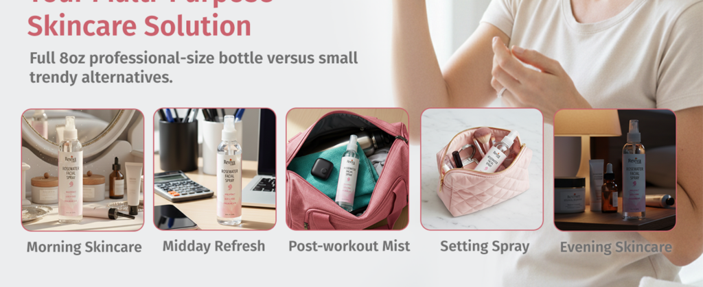 Multi-purpose skincare solution with rosewater spray.