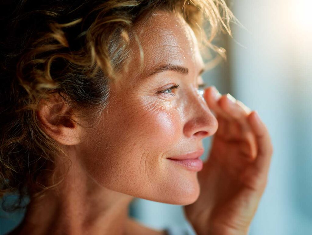 Woman smiling softly in sunlight