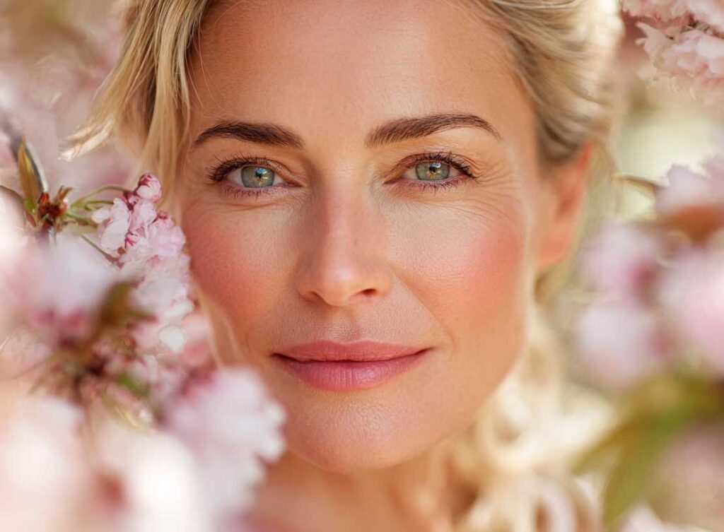 Woman amidst blooming cherry blossoms