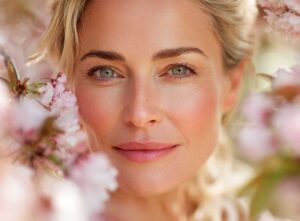 Woman amidst blooming cherry blossoms