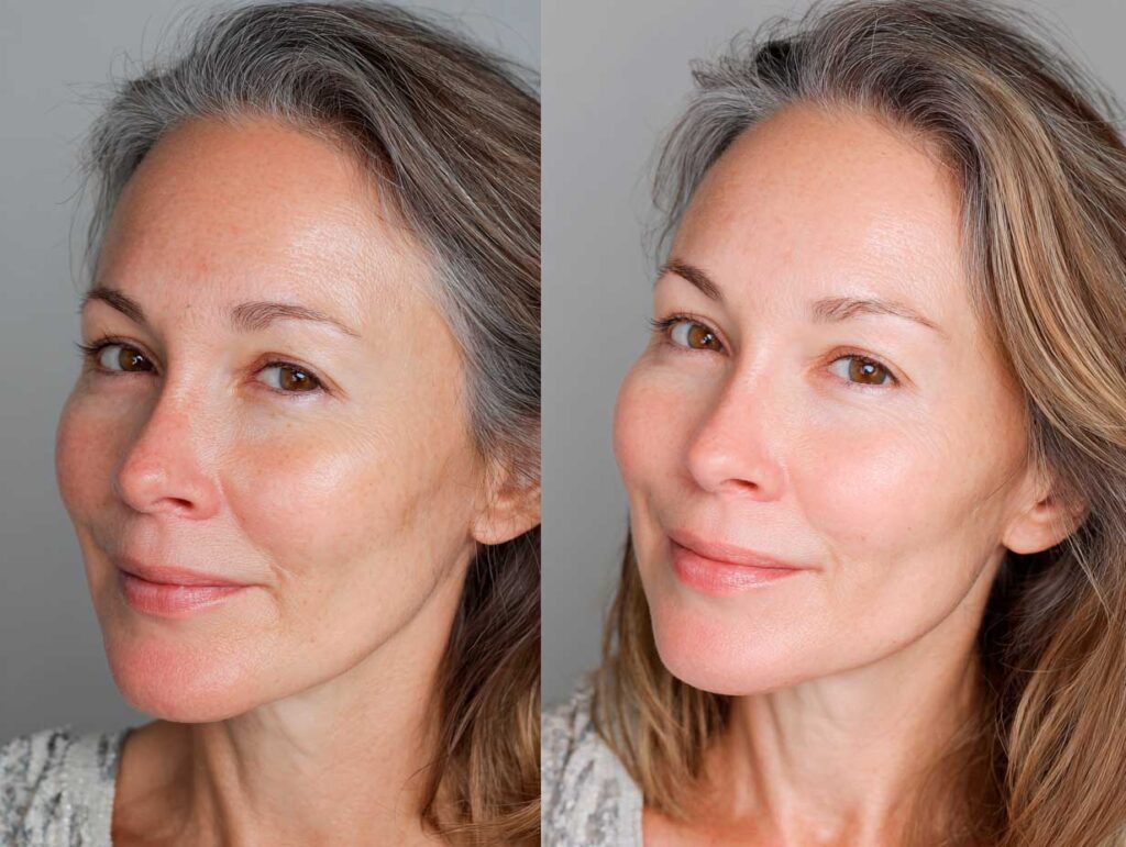 Woman's face before and after skincare.