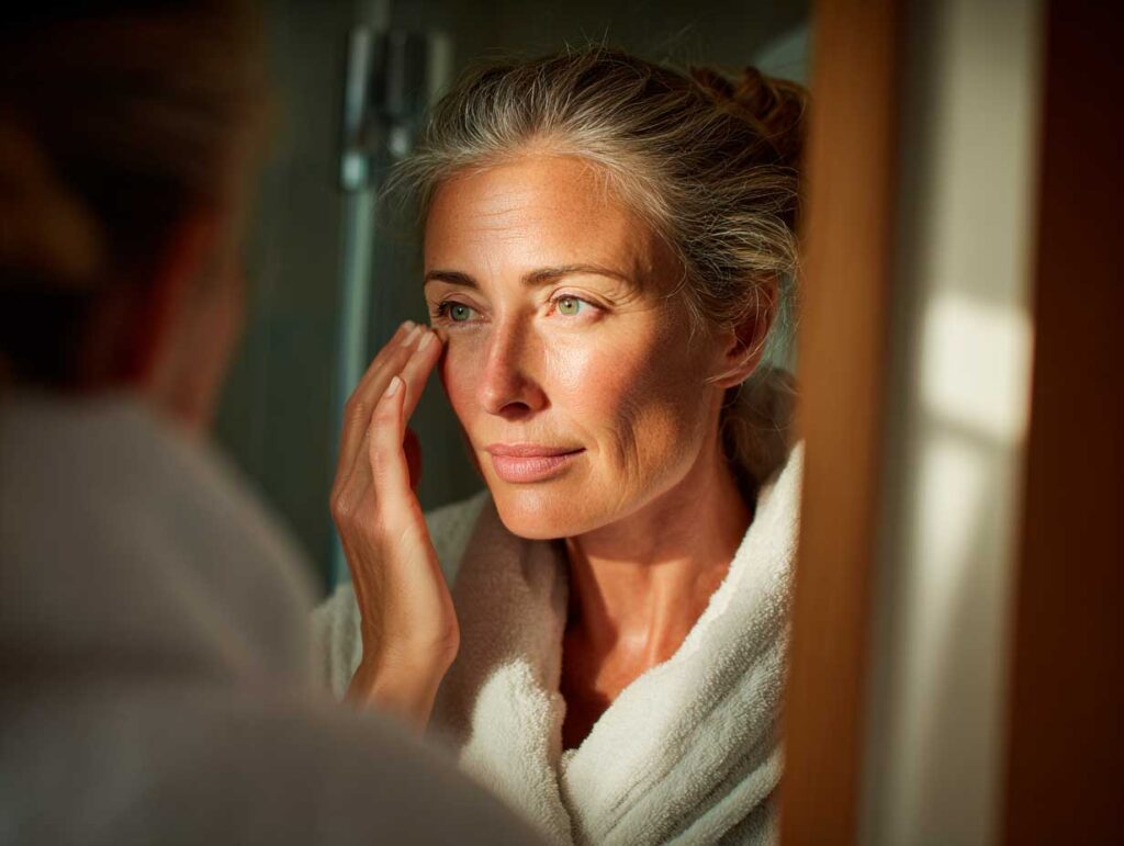 Woman checking skin in mirror.