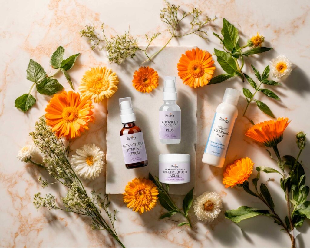 Skincare products with flowers on marble surface